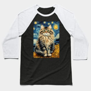 Adorable Siberian Cat Breed Painting in a Van Gogh Starry Night Art Style Baseball T-Shirt